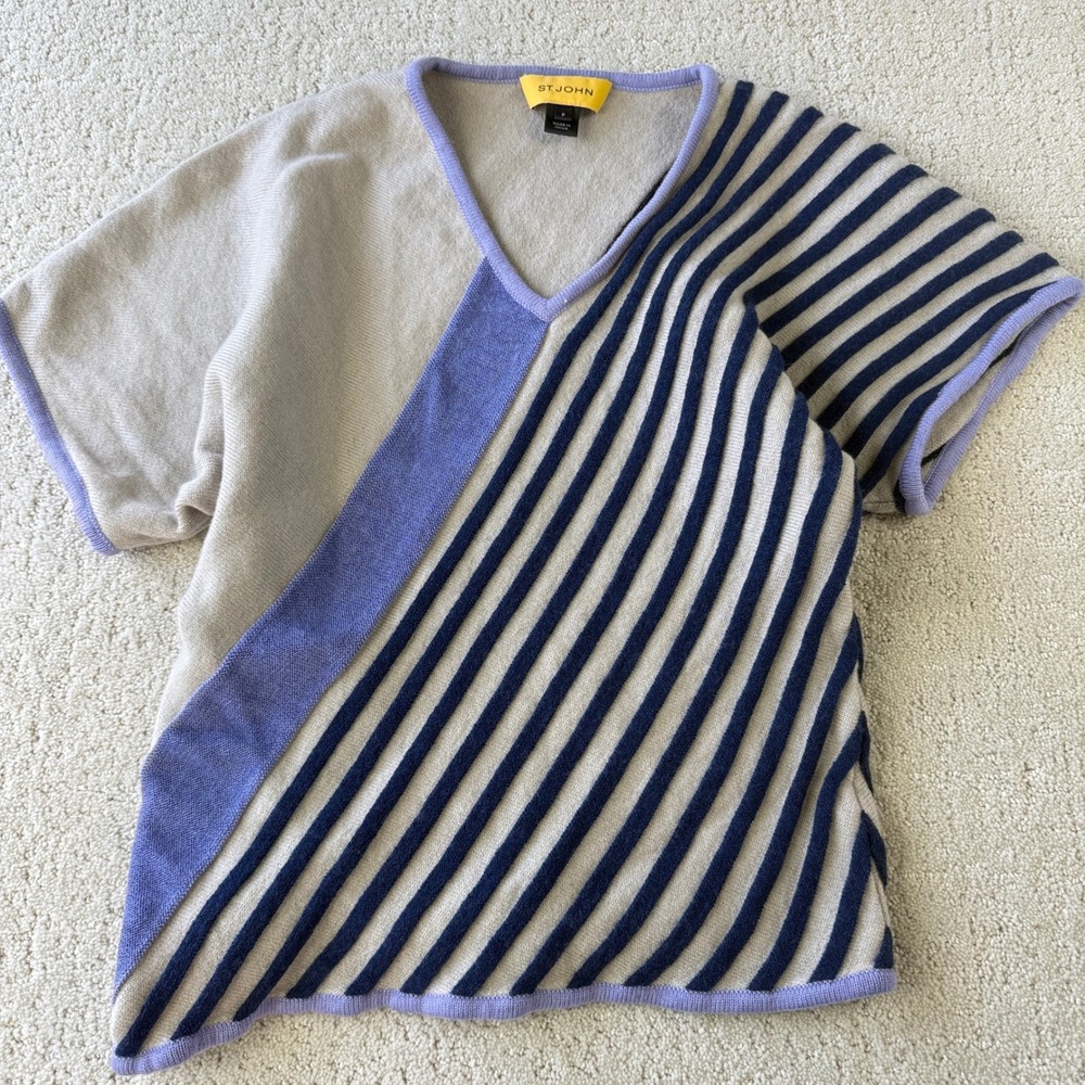 St. John Knit Top Women P Small Tan Blue Striped V-Neck Wool Blend Short Sleeve